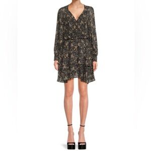 ASTR The Label Women’s Floral Ruffle Tiered Long Sleeve Dress Black Yellow Small